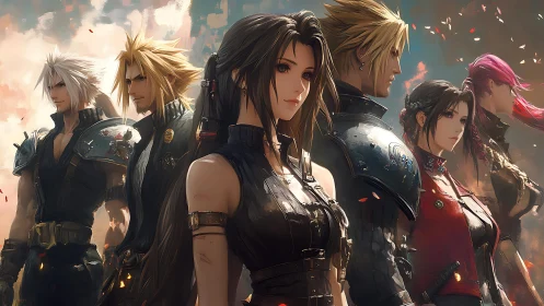 Group portrait of armored fantasy characters in profile.