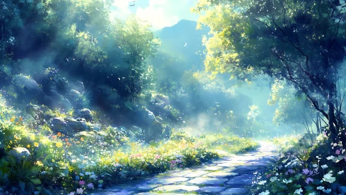 Luminous forest path with blooming flowers and streaming light through canopy