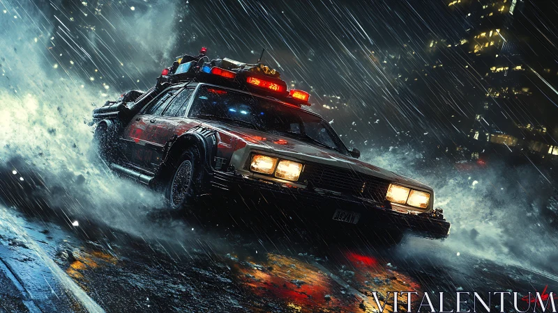 Futuristic police car skids through neon city rainstorm.