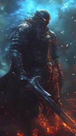 Dark armored knight rises amid swirling fire and storm