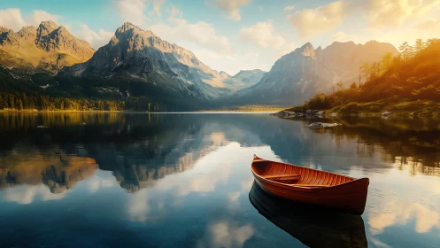 Sunlit wooden rowboat rests on tranquil alpine mountain lake.
