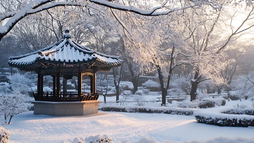 Snow-laden Korean pavilion under soft winter sunrise light.