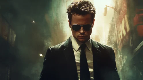 Cool-suited wanderer walking through moody city shadows.