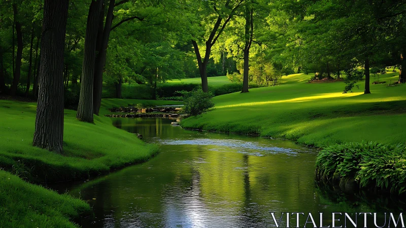 Shaded woodland stream bordered by trimmed grassy banks.