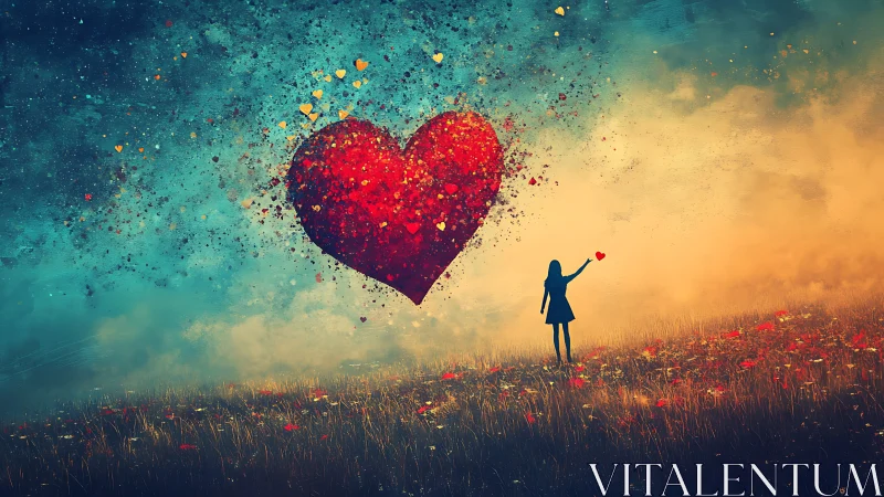 Silhouetted Figure Reaching Toward Particulate Heart Form Over Textured Landscape