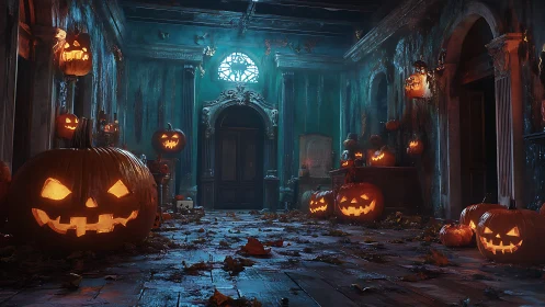 Glowing jack o lanterns haunt decayed gothic hallway at night.