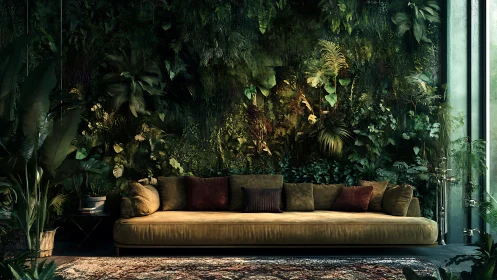 Cozy velvet sofa embraced by a lush indoor jungle wall.