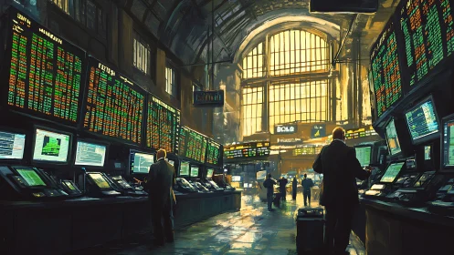 High-frequency trading hall with panoramic market data displays