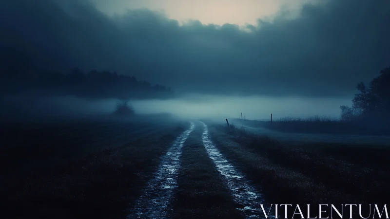 Midnight fog road coils toward a ghostlit horizon edge.