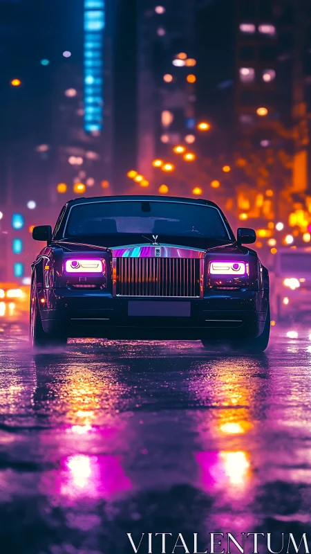 Luxury sedan glows against neon city lights on wet asphalt
