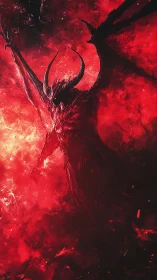 Infernal winged titan rising through a storm of scarlet fire.