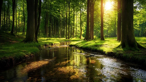 Temperate Forest Stream with Towering Deciduous Canopy.