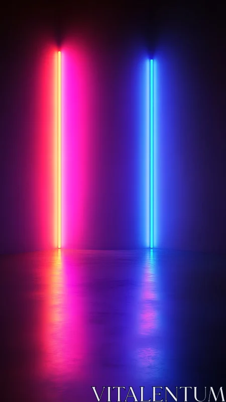 Vertical neon light tubes in dark room interior setting.