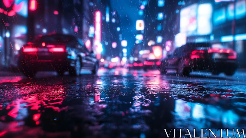 Neon rainstorms paint city asphalt into electric riverways