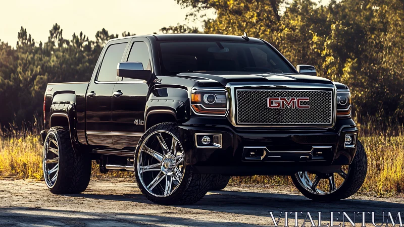 Custom lifted GMC pickup rendered with high-gloss photorealistic lighting