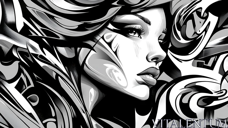 Monochrome vector femme amid dynamic abstract curvature fields.