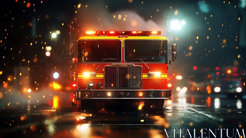Noctural Fire Truck in Rain: Dramatic Urban Emergency Response.