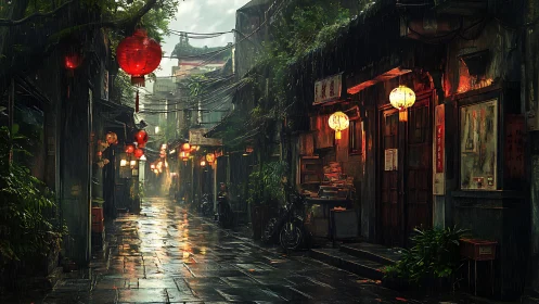 Rainy lantern street glows with gentle nighttime warmth