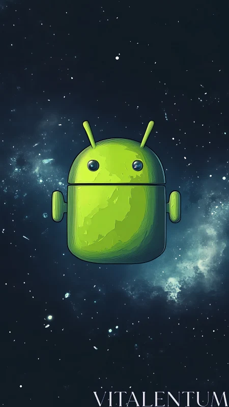 Stargazing android mascot quietly orbits a painted cosmos