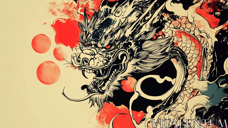 Ferocious inked dragon amid abstract crimson orbs.