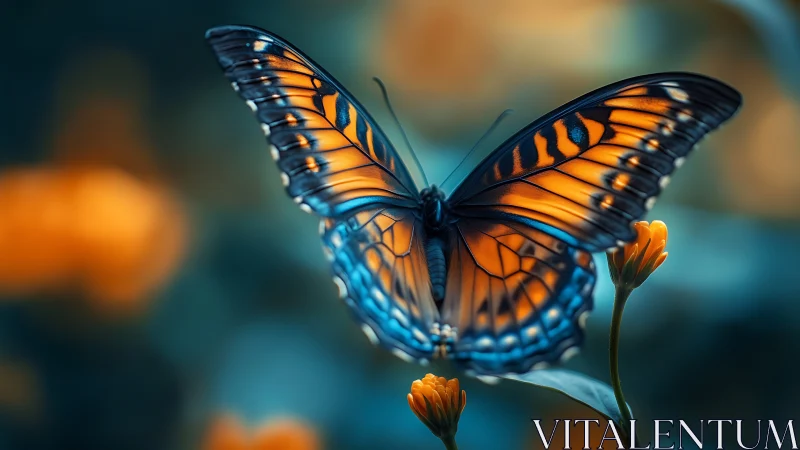 Vibrant orange and blue butterfly on blurred garden flowers.