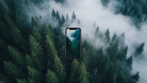 Smartphone Floating in Misty Forest Landscape.