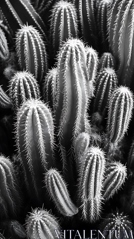 Monochrome macro study of clustered columnar cactus forms.
