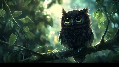 Adorable big-eyed owl on forest branch, dreamy digital art style.