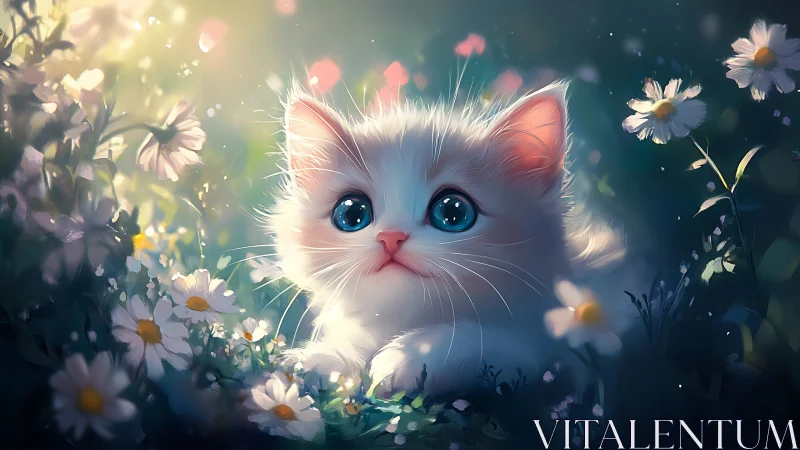 White fluffy kitten with blue eyes surrounded by white daisies.