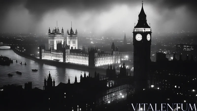 Nighttime view of London riverside landmark in monochrome.