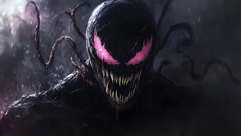 Alien symbiote lunges from shadows with glowing pink eyes