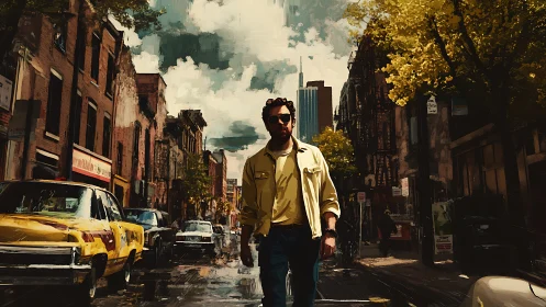 Man walks down wet city street between parked cars