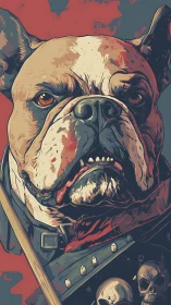 Graphic poster of militant bulldog portrait in bold hues.