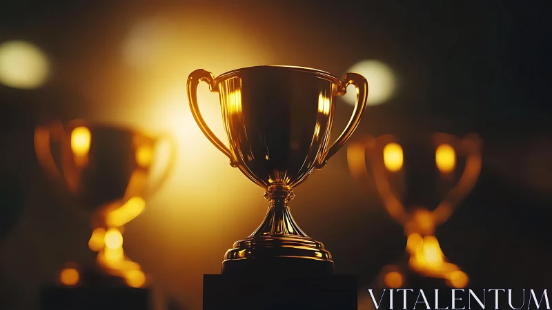 Golden trophy cups under warm spotlight on dark stage.