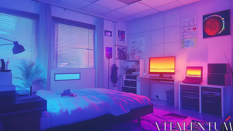 Neon-lit bedroom studio renders cinematic dual-light ambience