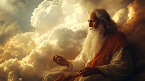 Elderly robed figure seated in radiant golden clouds.