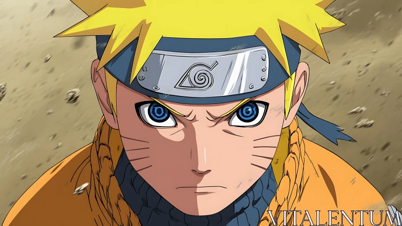 Determined anime ninja stares ahead with intense blue eyes.