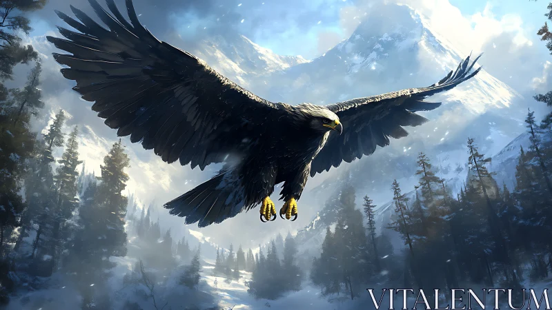 Majestic eagle soaring above snowy forest in realistic digital art.