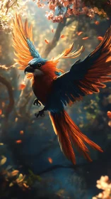 Flame-feathered forest parrot glides through blossom light.