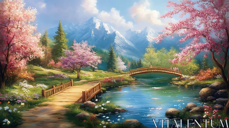 Idyllic spring landscape with twin wooden bridges and alpine backdrop