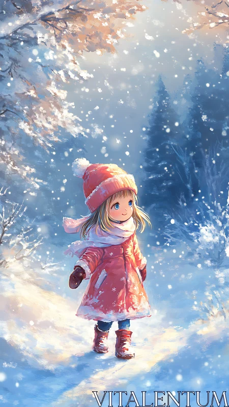 Child in red winter coat standing in snowy forest path.