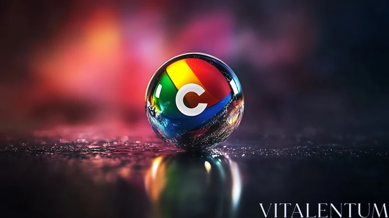 Chrome style multicolor sphere logo on reflective surface.