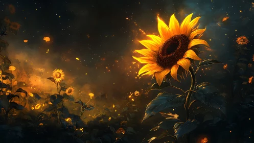 Digital rendering shows illuminated sunflower in dark field