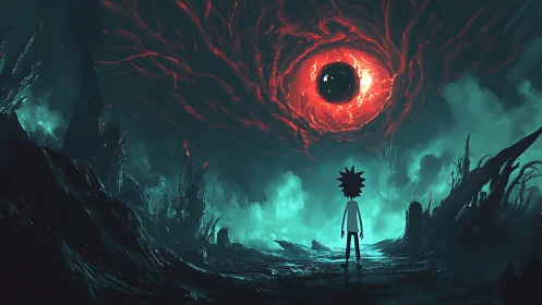 Lone explorer meets a colossal burning eye in eerie void