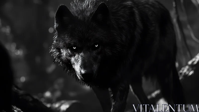 Black wolf emerges from shadows with piercing bright eyes.