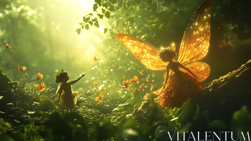 Glowing fairy figures in sunlit forest clearing at dusk.