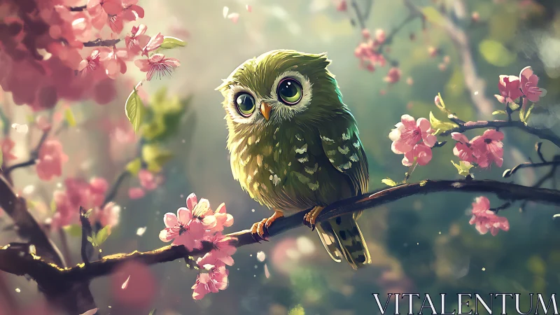 Cute green owl on cherry blossom branch in dreamy digital art.