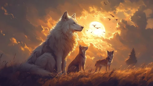 Sunlit wolf guardian and cubs bathed in ember-gold sky.