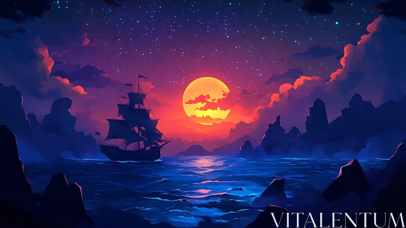 Celestial-lit galleon sailing through neon twilight seascape