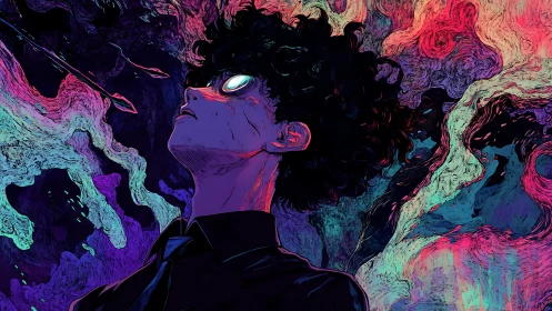 Neon-splashed dreamer staring into cosmic static skies.